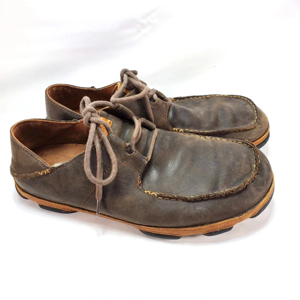 Olukai Ohana Lace Up Nubuck Mens 11 Brown Leather Casual Shoes Loafers Heel Drop